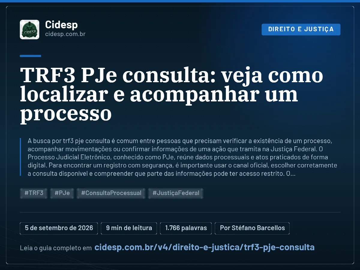 Cartão do artigo “TRF3 PJe consulta: veja como localizar e acompanhar um processo”, com resumo, data de publicação e endereço da página.