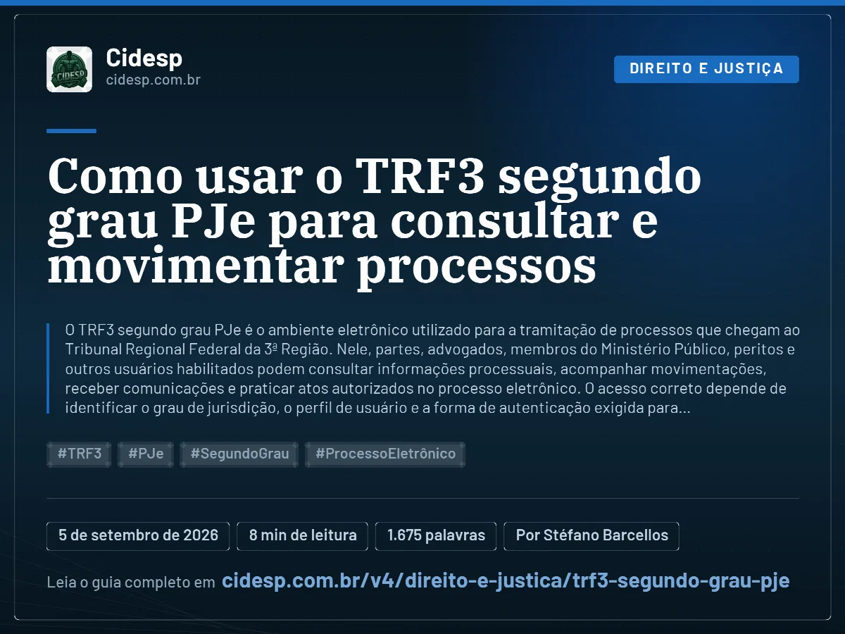 Cartão do artigo “Como usar o TRF3 segundo grau PJe para consultar e movimentar processos”, com resumo, data de publicação e endereço da página.