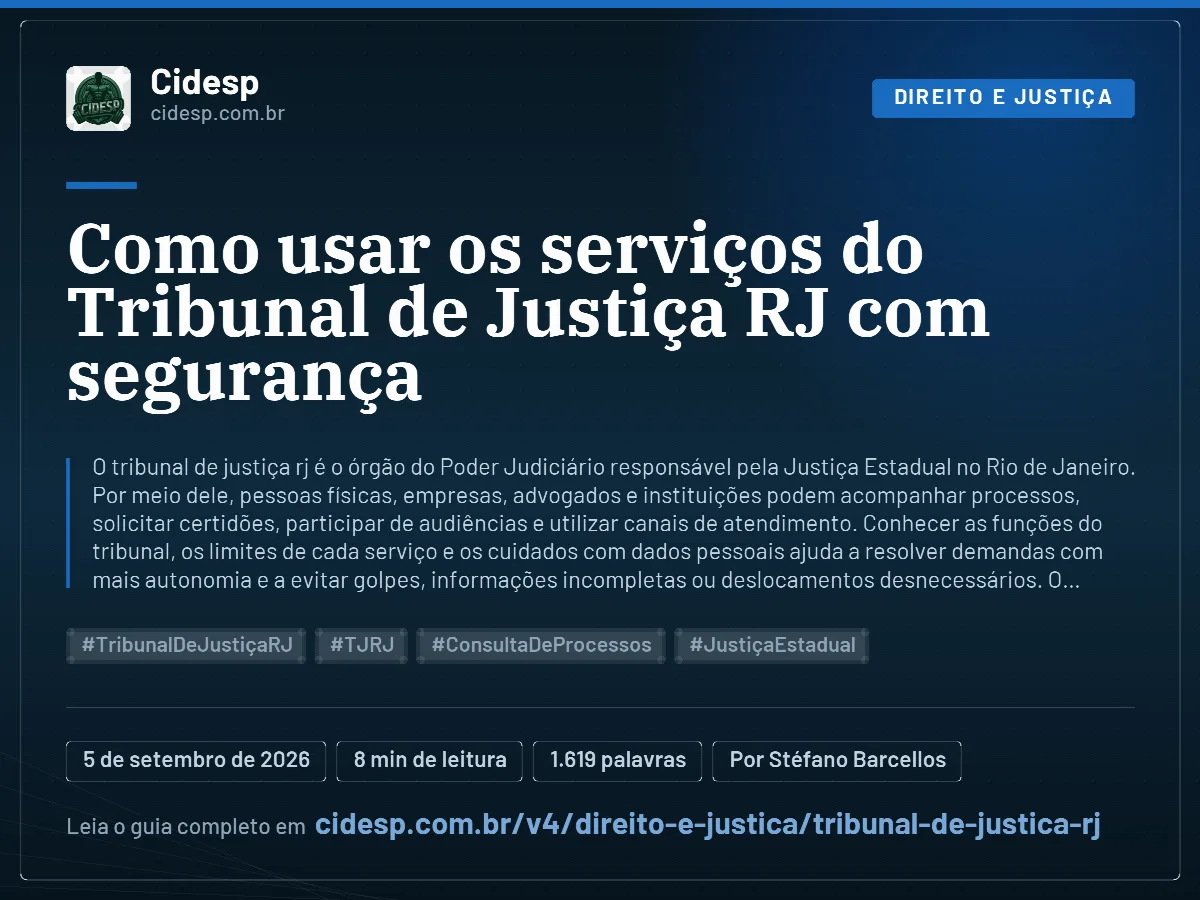 Cartão do artigo “Como usar os serviços do Tribunal de Justiça RJ com segurança”, com resumo, data de publicação e endereço da página.