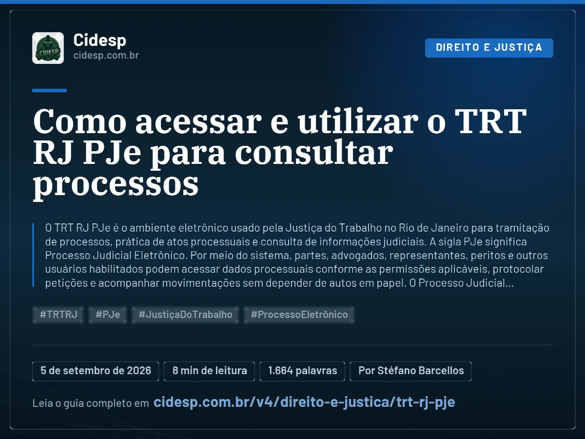 Cartão do artigo “Como acessar e utilizar o TRT RJ PJe para consultar processos”, com resumo, data de publicação e endereço da página.