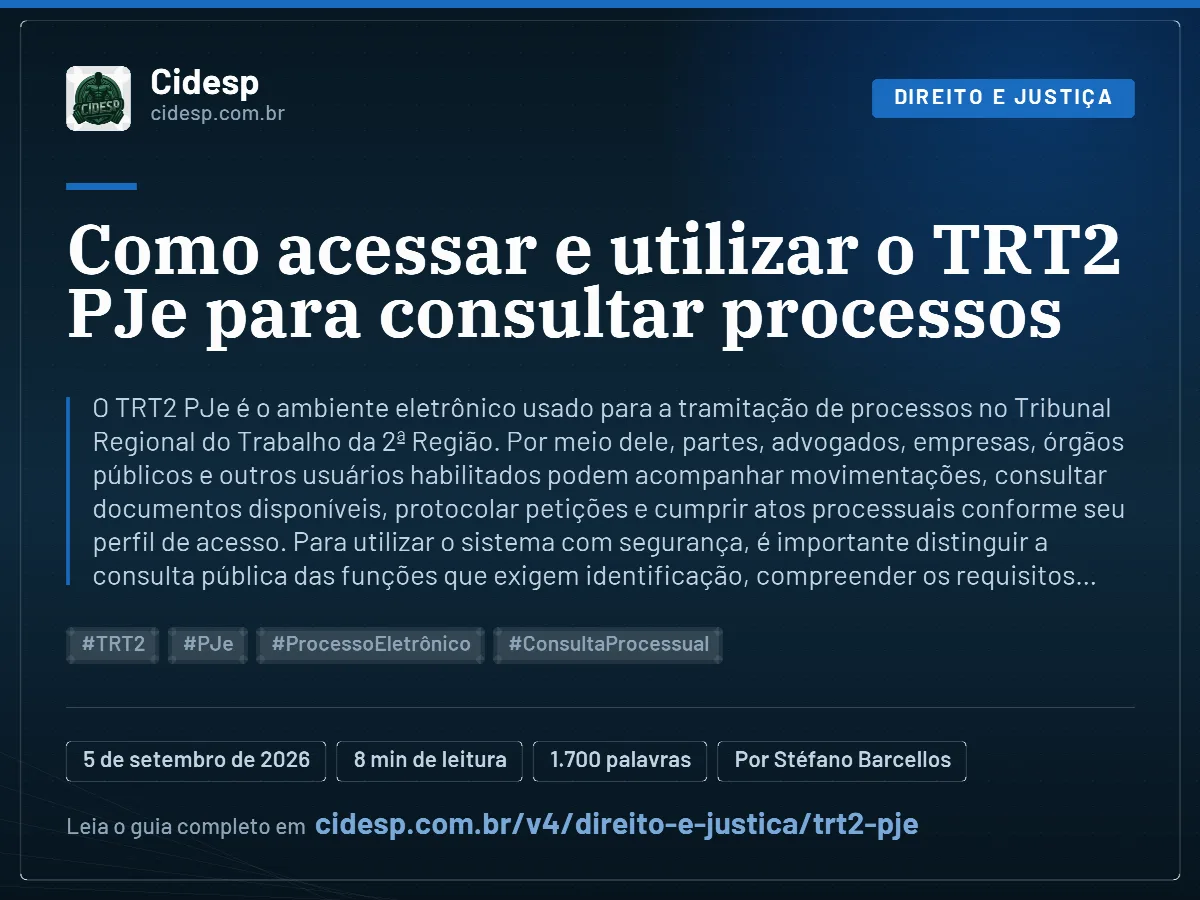 Cartão do artigo “Como acessar e utilizar o TRT2 PJe para consultar processos”, com resumo, data de publicação e endereço da página.