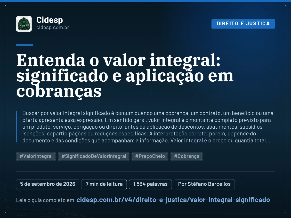 Cartão do artigo “Entenda o valor integral: significado e aplicação em cobranças”, com resumo, data de publicação e endereço da página.
