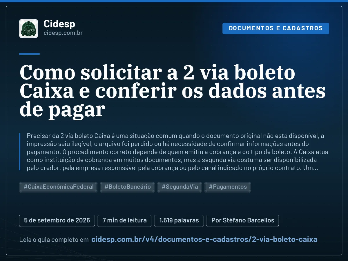 Cartão do artigo “Como solicitar a 2 via boleto Caixa e conferir os dados antes de pagar”, com resumo, data de publicação e endereço da página.