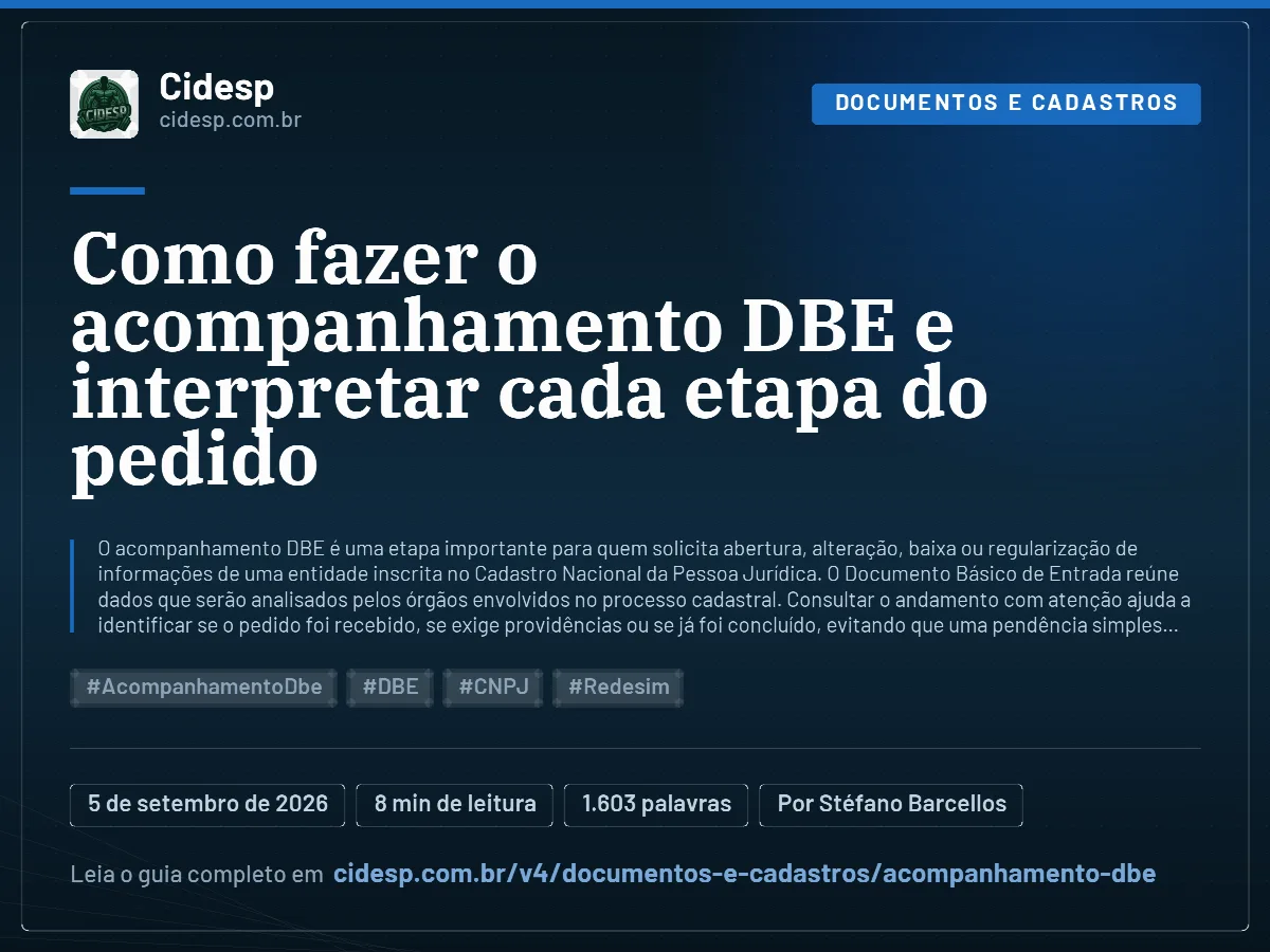 Cartão do artigo “Como fazer o acompanhamento DBE e interpretar cada etapa do pedido”, com resumo, data de publicação e endereço da página.