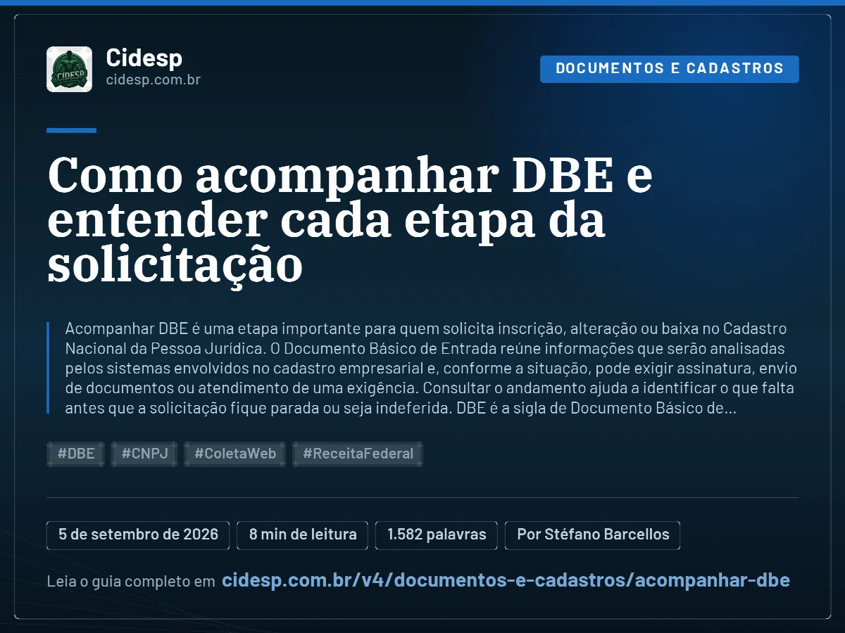 Cartão do artigo “Como acompanhar DBE e entender cada etapa da solicitação”, com resumo, data de publicação e endereço da página.