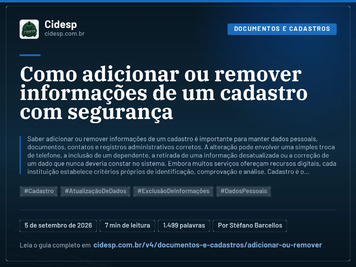 Cartão do artigo “Como adicionar ou remover informações de um cadastro com segurança”, com resumo, data de publicação e endereço da página.