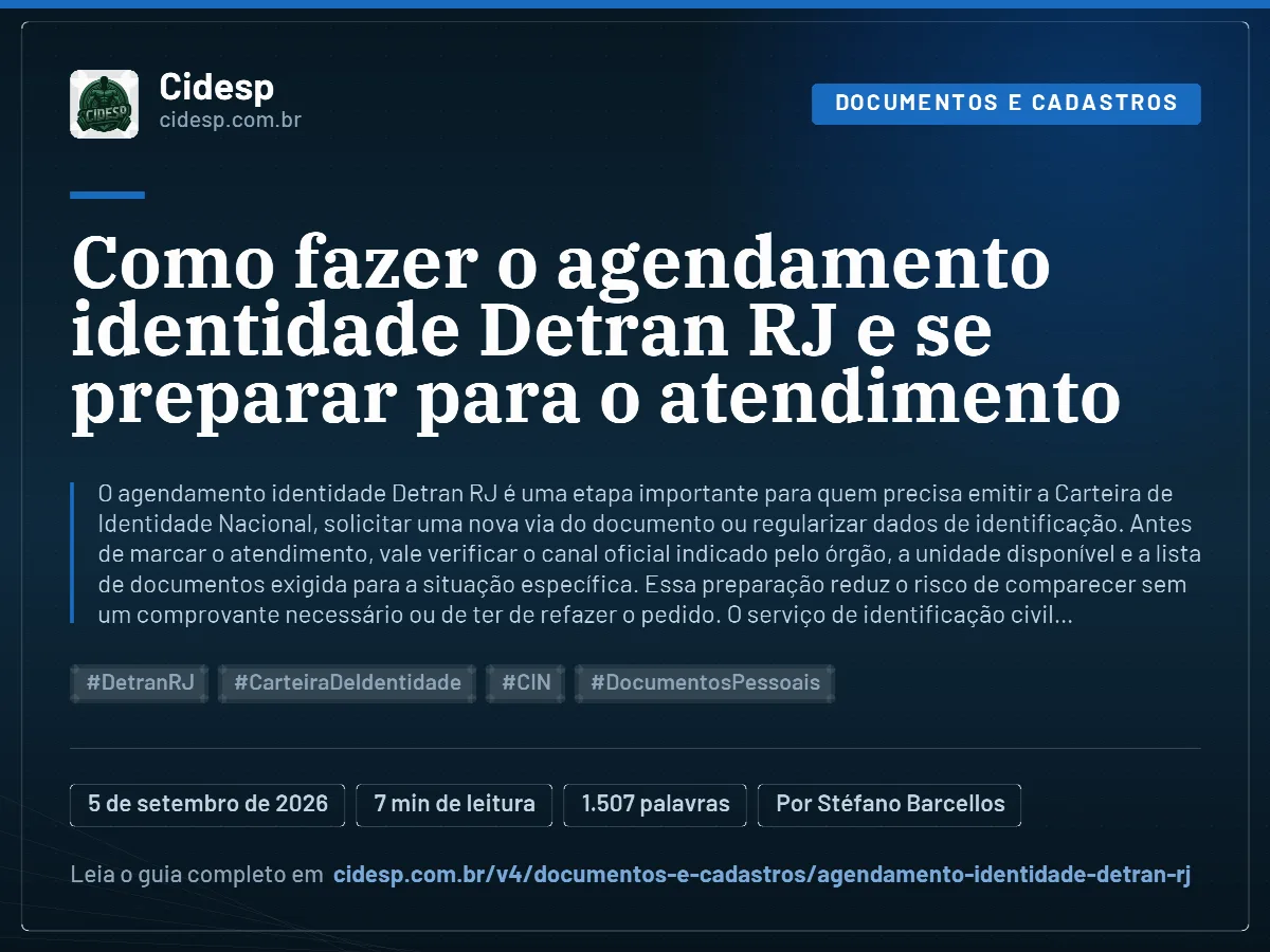 Cartão do artigo “Como fazer o agendamento identidade Detran RJ e se preparar para o atendimento”, com resumo, data de publicação e endereço da página.