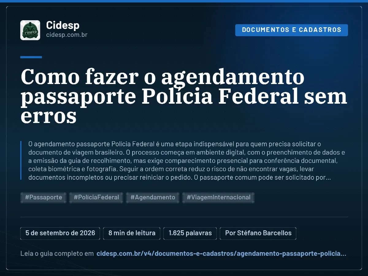 Cartão do artigo “Como fazer o agendamento passaporte Polícia Federal sem erros”, com resumo, data de publicação e endereço da página.