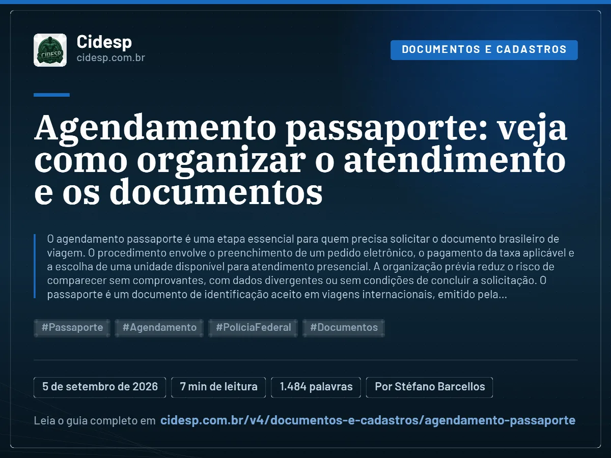 Cartão do artigo “Agendamento passaporte: veja como organizar o atendimento e os documentos”, com resumo, data de publicação e endereço da página.