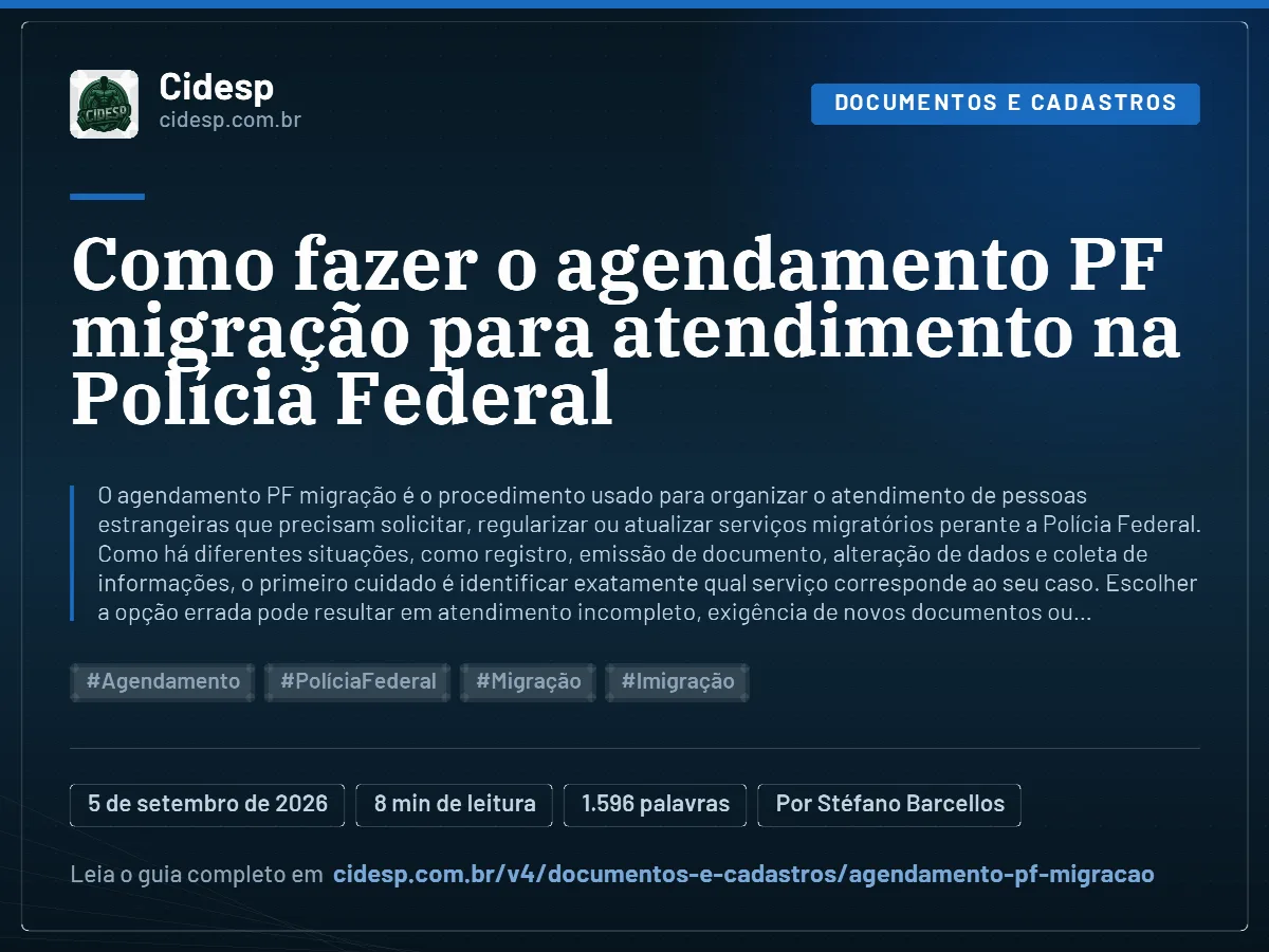 Cartão do artigo “Como fazer o agendamento PF migração para atendimento na Polícia Federal”, com resumo, data de publicação e endereço da página.