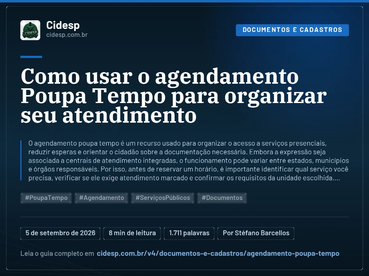 Cartão do artigo “Como usar o agendamento Poupa Tempo para organizar seu atendimento”, com resumo, data de publicação e endereço da página.