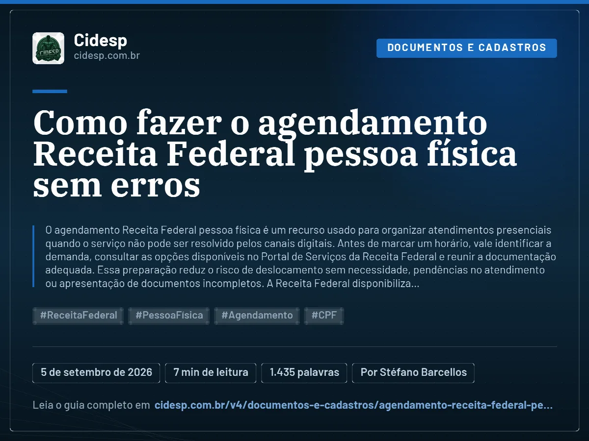 Cartão do artigo “Como fazer o agendamento Receita Federal pessoa física sem erros”, com resumo, data de publicação e endereço da página.