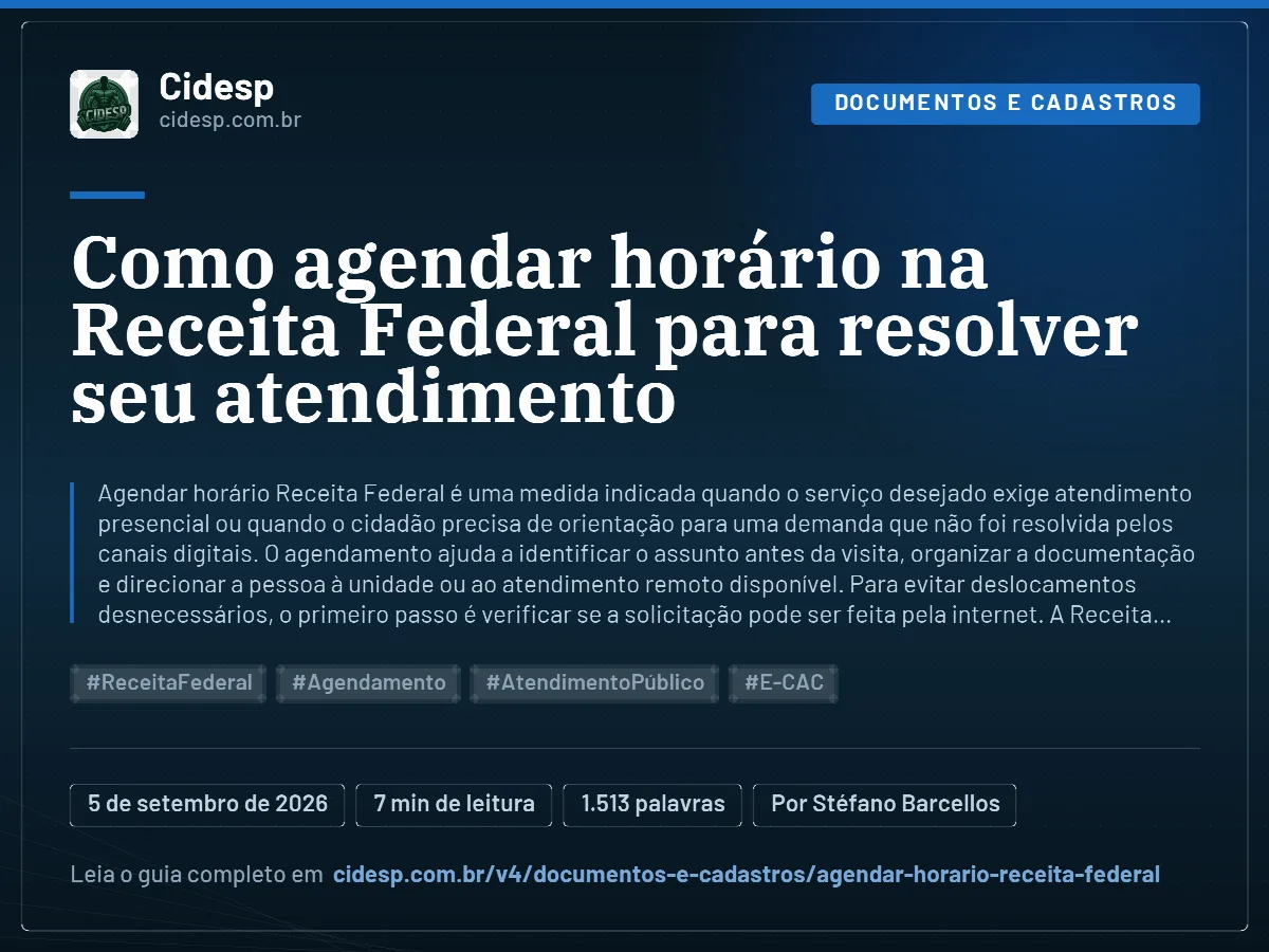 Cartão do artigo “Como agendar horário na Receita Federal para resolver seu atendimento”, com resumo, data de publicação e endereço da página.