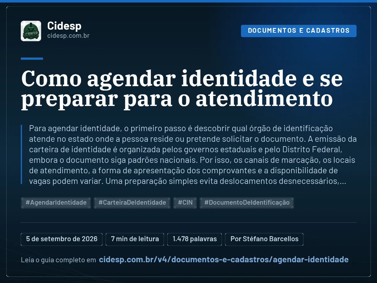 Cartão do artigo “Como agendar identidade e se preparar para o atendimento”, com resumo, data de publicação e endereço da página.