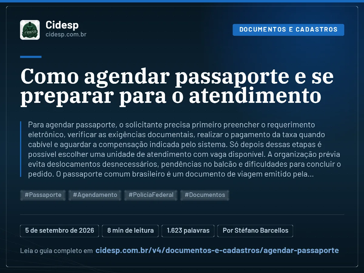 Cartão do artigo “Como agendar passaporte e se preparar para o atendimento”, com resumo, data de publicação e endereço da página.