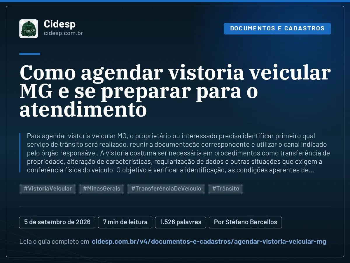 Cartão do artigo “Como agendar vistoria veicular MG e se preparar para o atendimento”, com resumo, data de publicação e endereço da página.