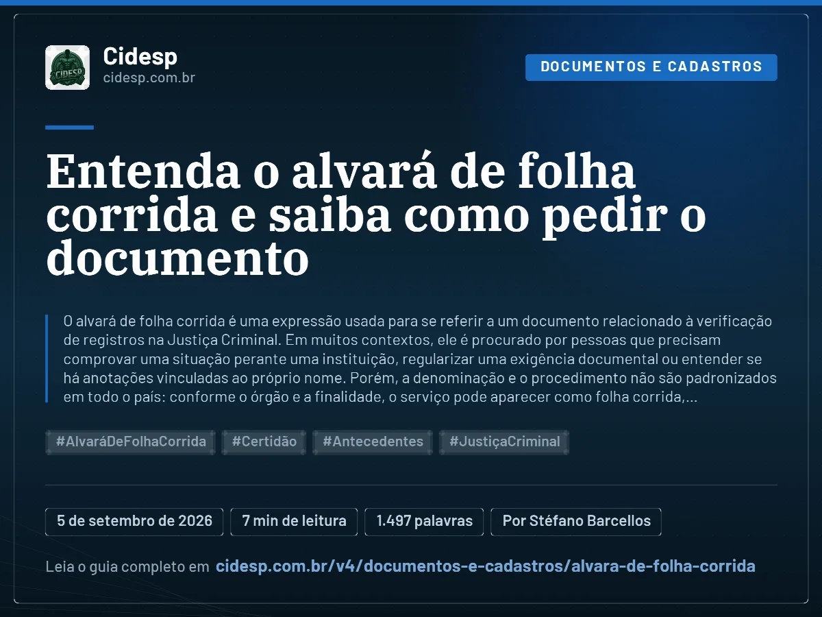 Cartão do artigo “Entenda o alvará de folha corrida e saiba como pedir o documento”, com resumo, data de publicação e endereço da página.