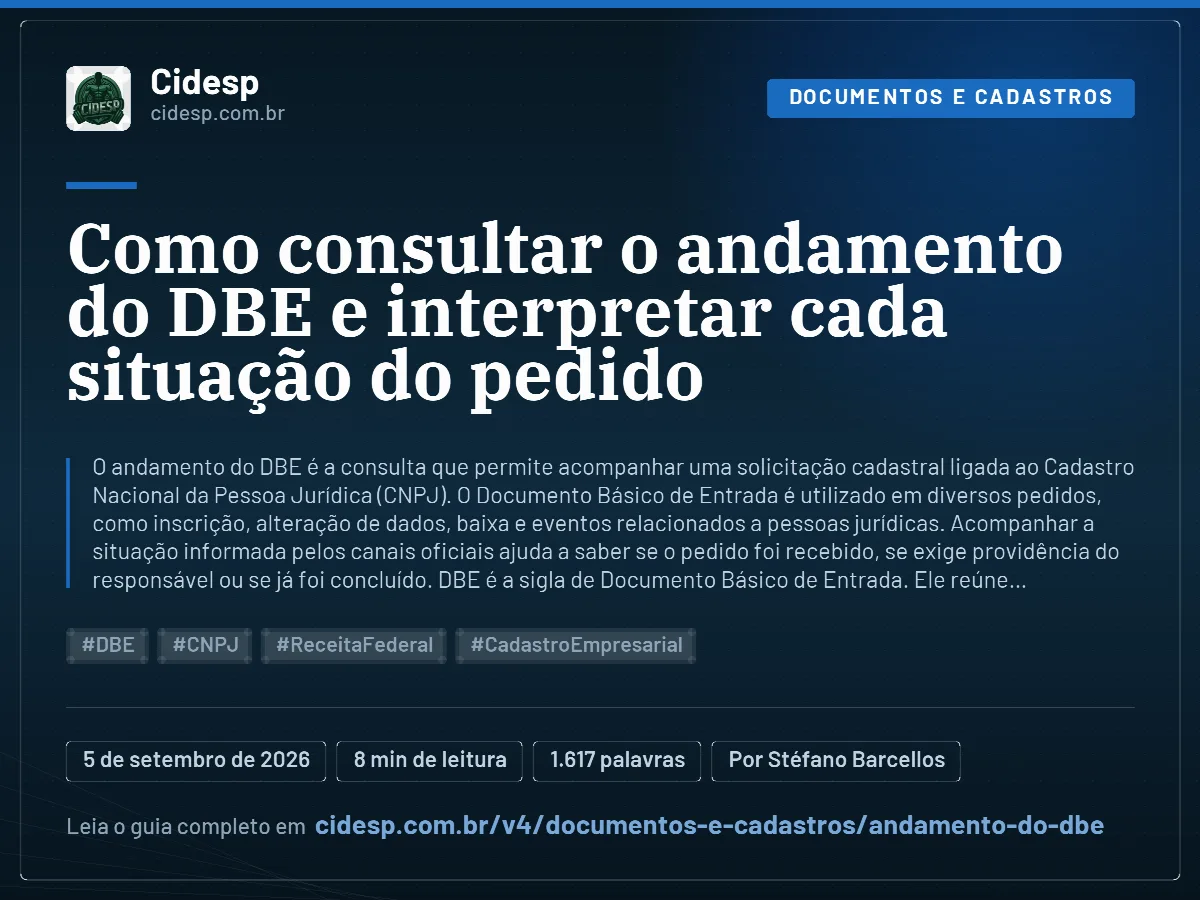 Cartão do artigo “Como consultar o andamento do DBE e interpretar cada situação do pedido”, com resumo, data de publicação e endereço da página.