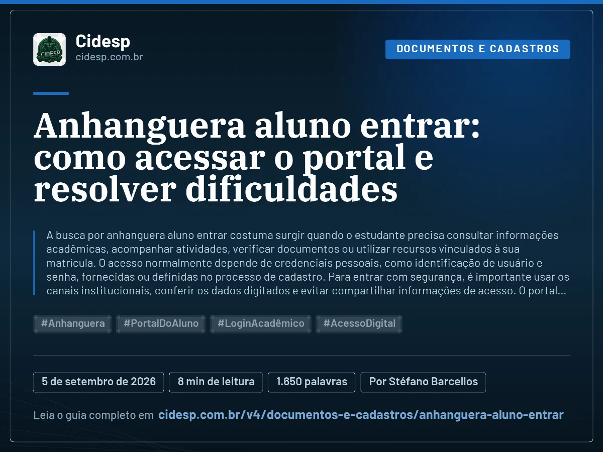 Cartão do artigo “Anhanguera aluno entrar: como acessar o portal e resolver dificuldades”, com resumo, data de publicação e endereço da página.
