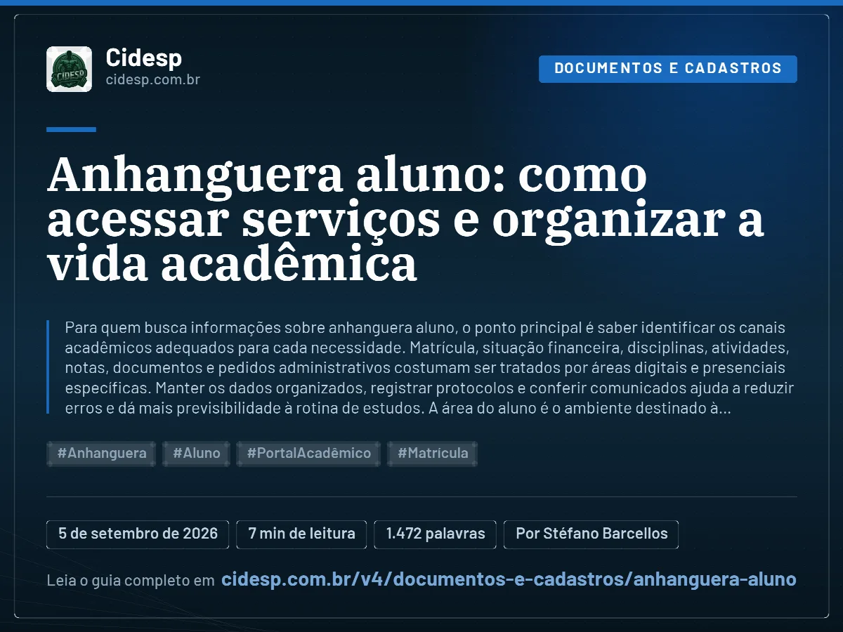Cartão do artigo “Anhanguera aluno: como acessar serviços e organizar a vida acadêmica”, com resumo, data de publicação e endereço da página.