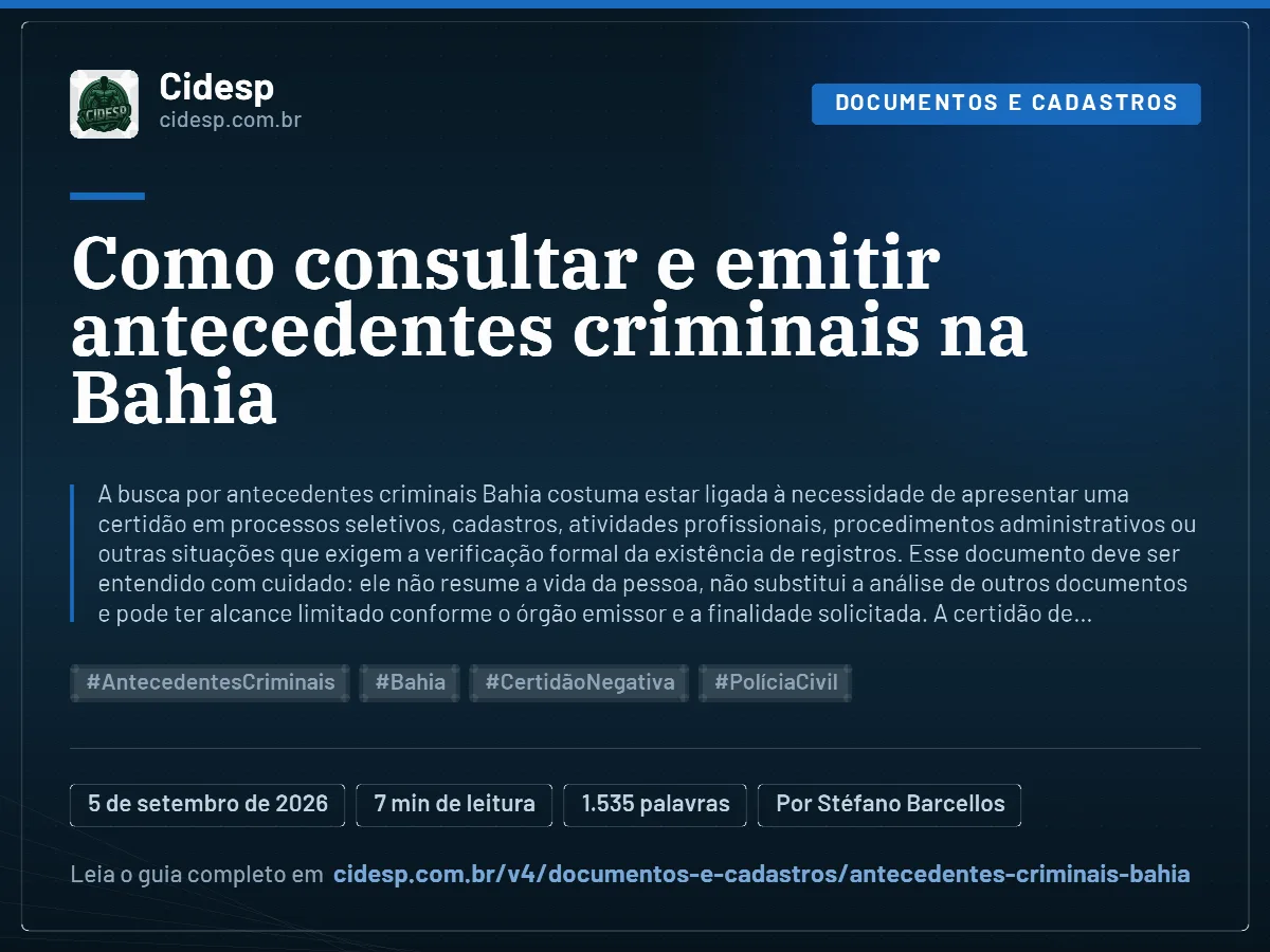 Cartão do artigo “Como consultar e emitir antecedentes criminais na Bahia”, com resumo, data de publicação e endereço da página.