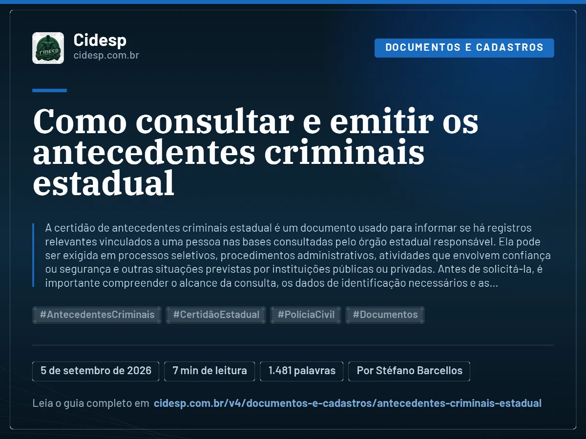 Cartão do artigo “Como consultar e emitir os antecedentes criminais estadual”, com resumo, data de publicação e endereço da página.