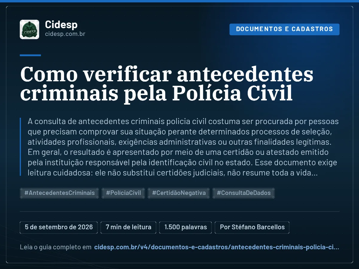 Cartão do artigo “Como verificar antecedentes criminais pela Polícia Civil”, com resumo, data de publicação e endereço da página.