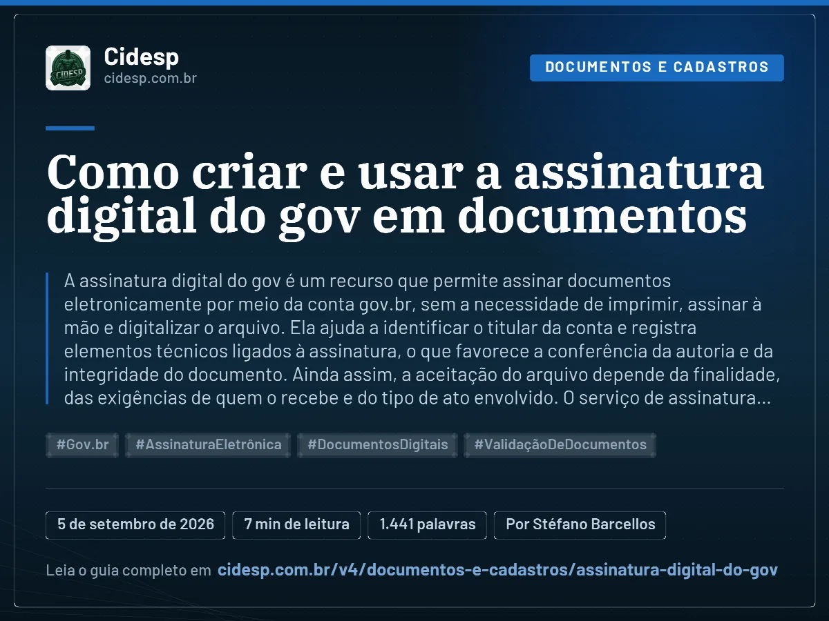 Cartão do artigo “Como criar e usar a assinatura digital do gov em documentos”, com resumo, data de publicação e endereço da página.
