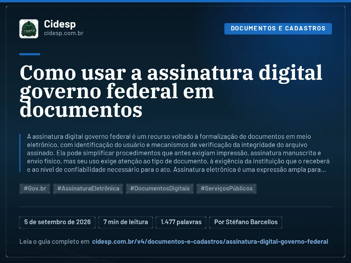 Cartão do artigo “Como usar a assinatura digital governo federal em documentos”, com resumo, data de publicação e endereço da página.