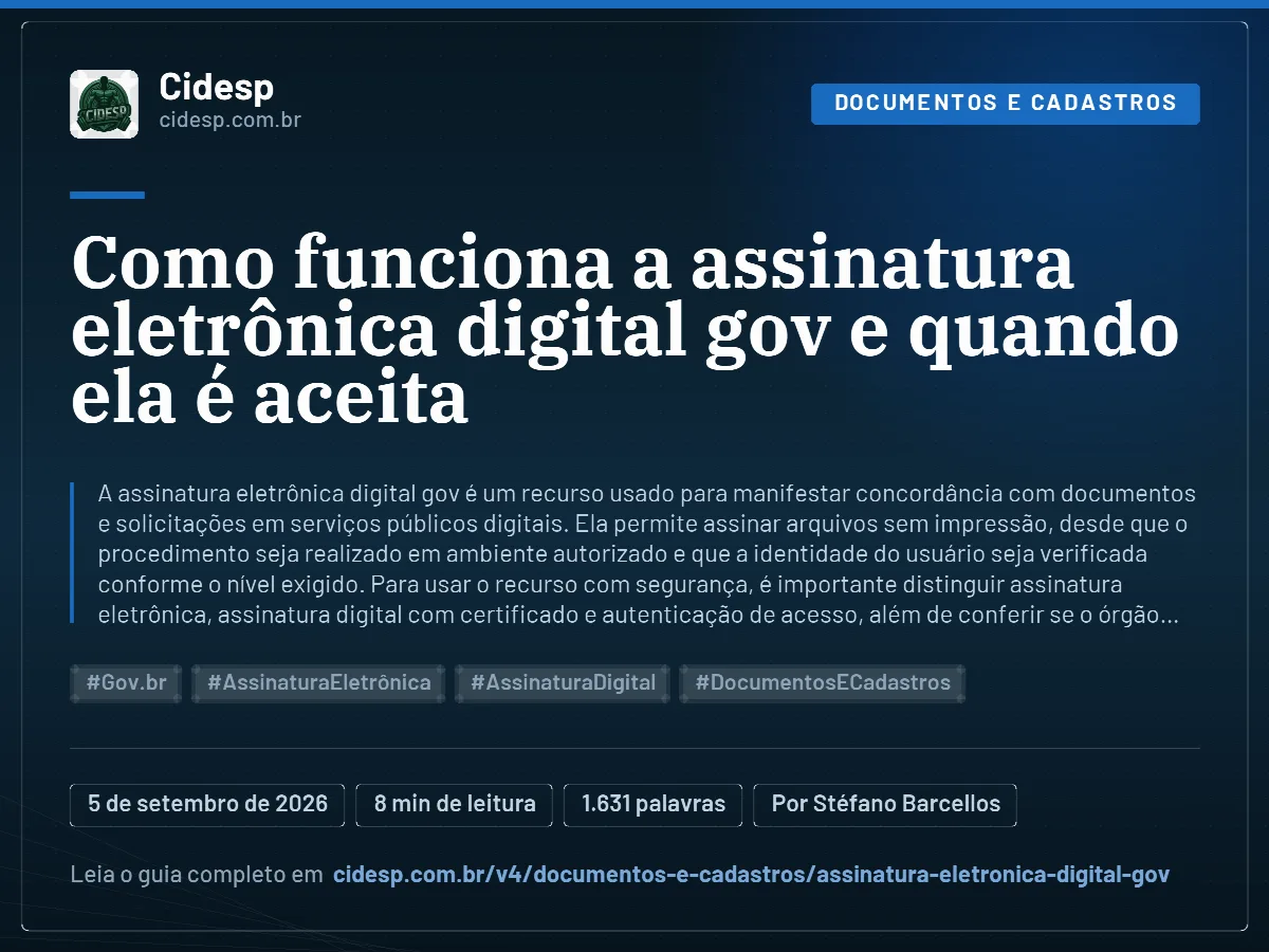 Cartão do artigo “Como funciona a assinatura eletrônica digital gov e quando ela é aceita”, com resumo, data de publicação e endereço da página.