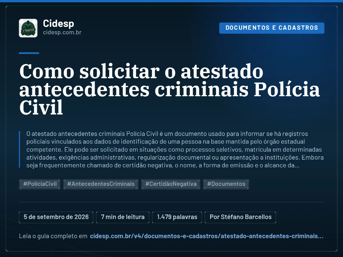 Cartão do artigo “Como solicitar o atestado antecedentes criminais Polícia Civil”, com resumo, data de publicação e endereço da página.
