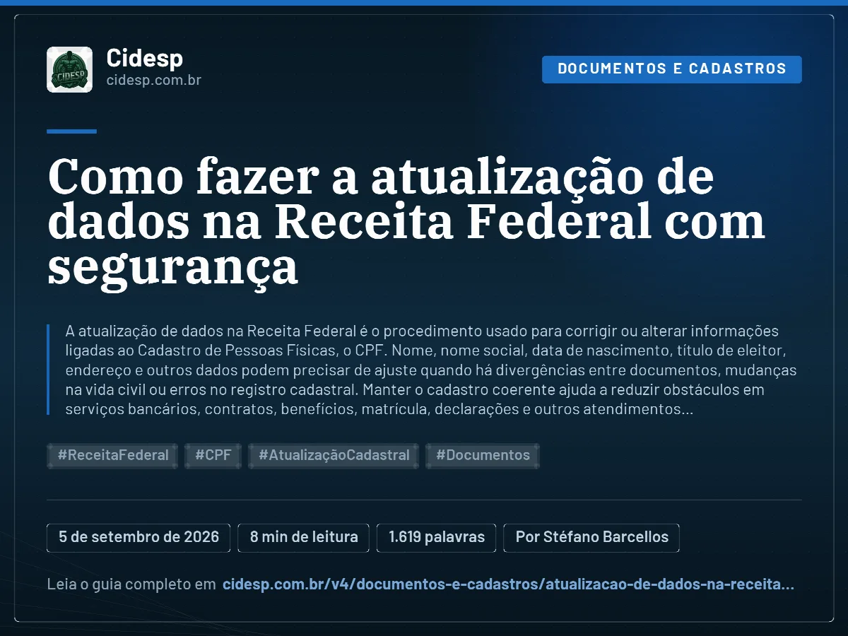 Cartão do artigo “Como fazer a atualização de dados na Receita Federal com segurança”, com resumo, data de publicação e endereço da página.