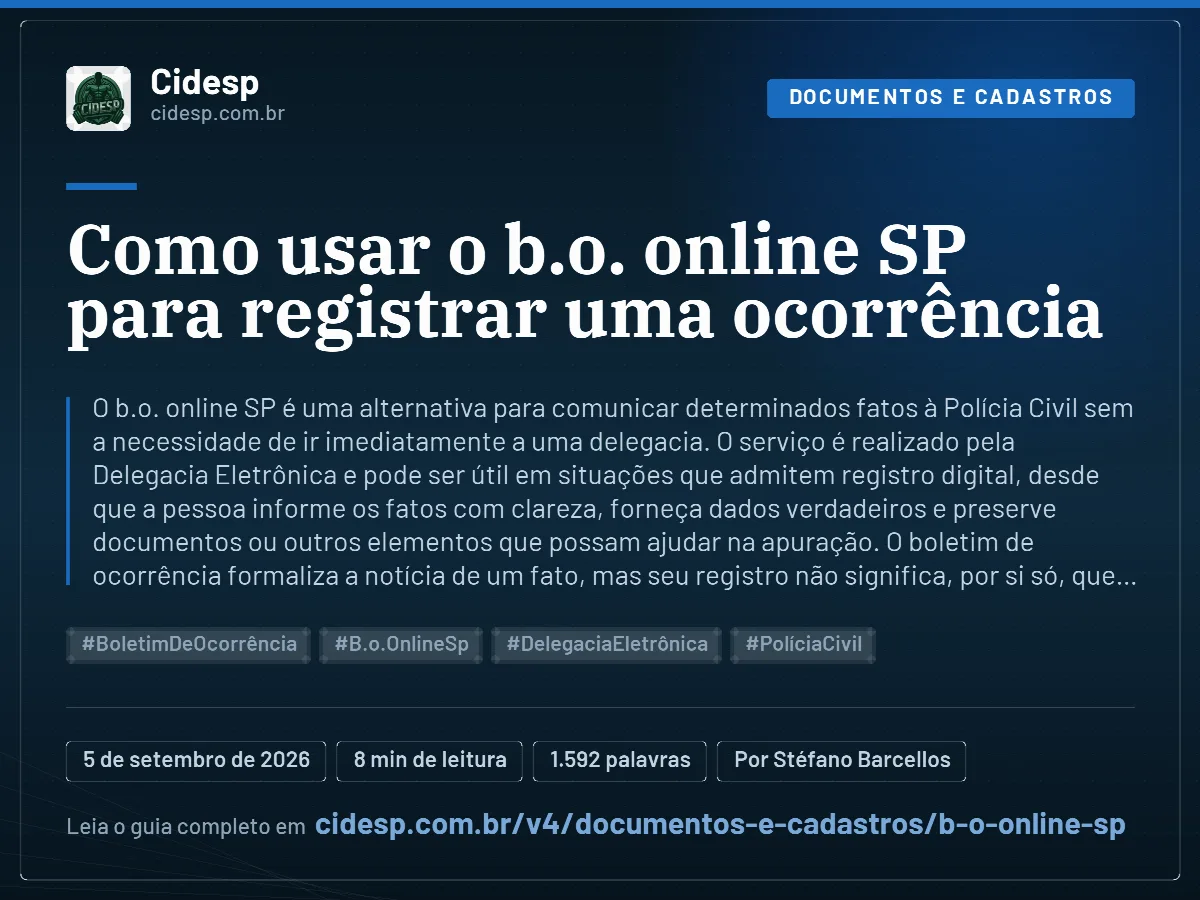 Cartão do artigo “Como usar o b.o. online SP para registrar uma ocorrência”, com resumo, data de publicação e endereço da página.