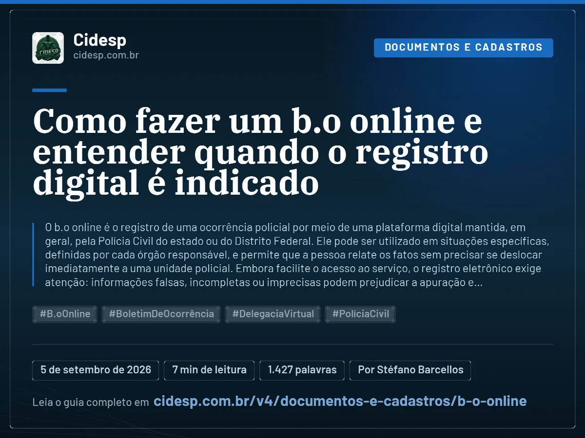 Cartão do artigo “Como fazer um b.o online e entender quando o registro digital é indicado”, com resumo, data de publicação e endereço da página.