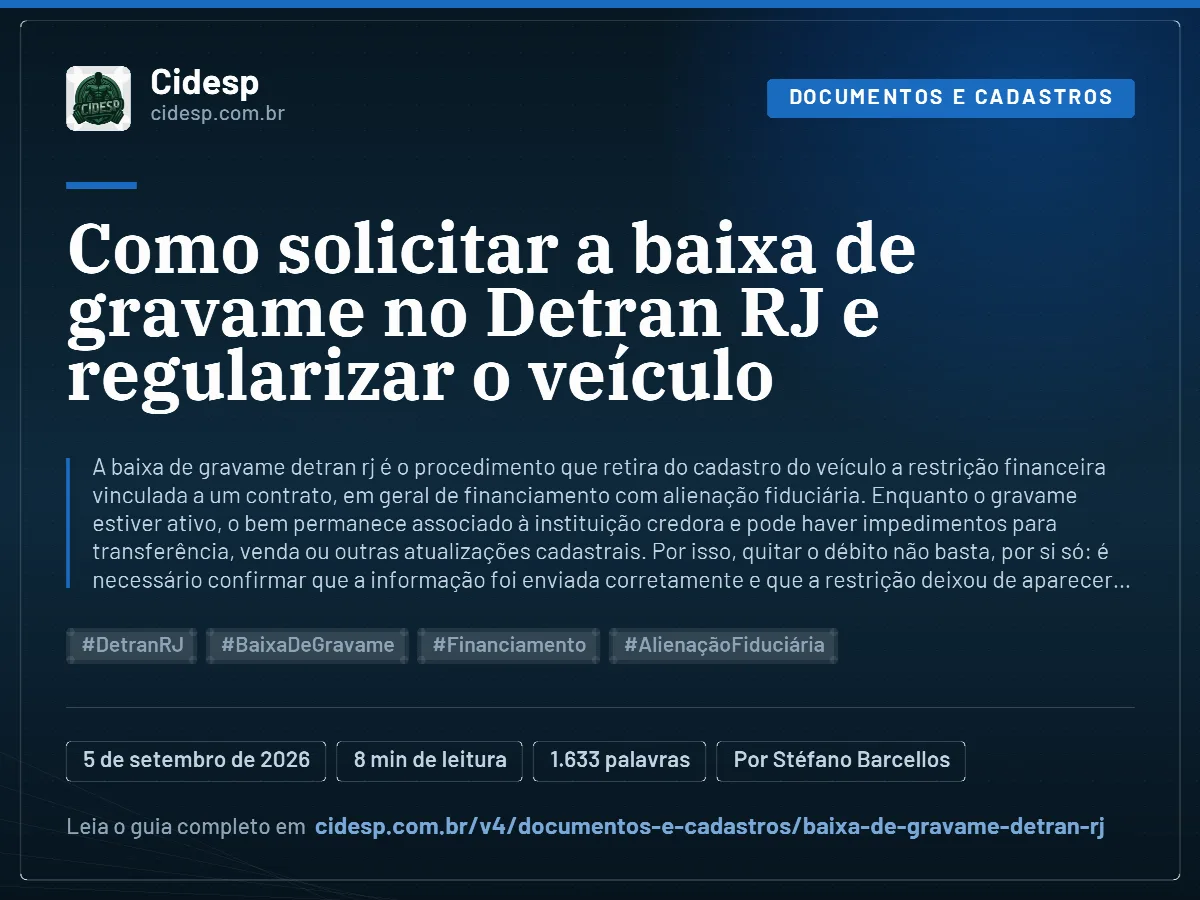 Cartão do artigo “Como solicitar a baixa de gravame no Detran RJ e regularizar o veículo”, com resumo, data de publicação e endereço da página.