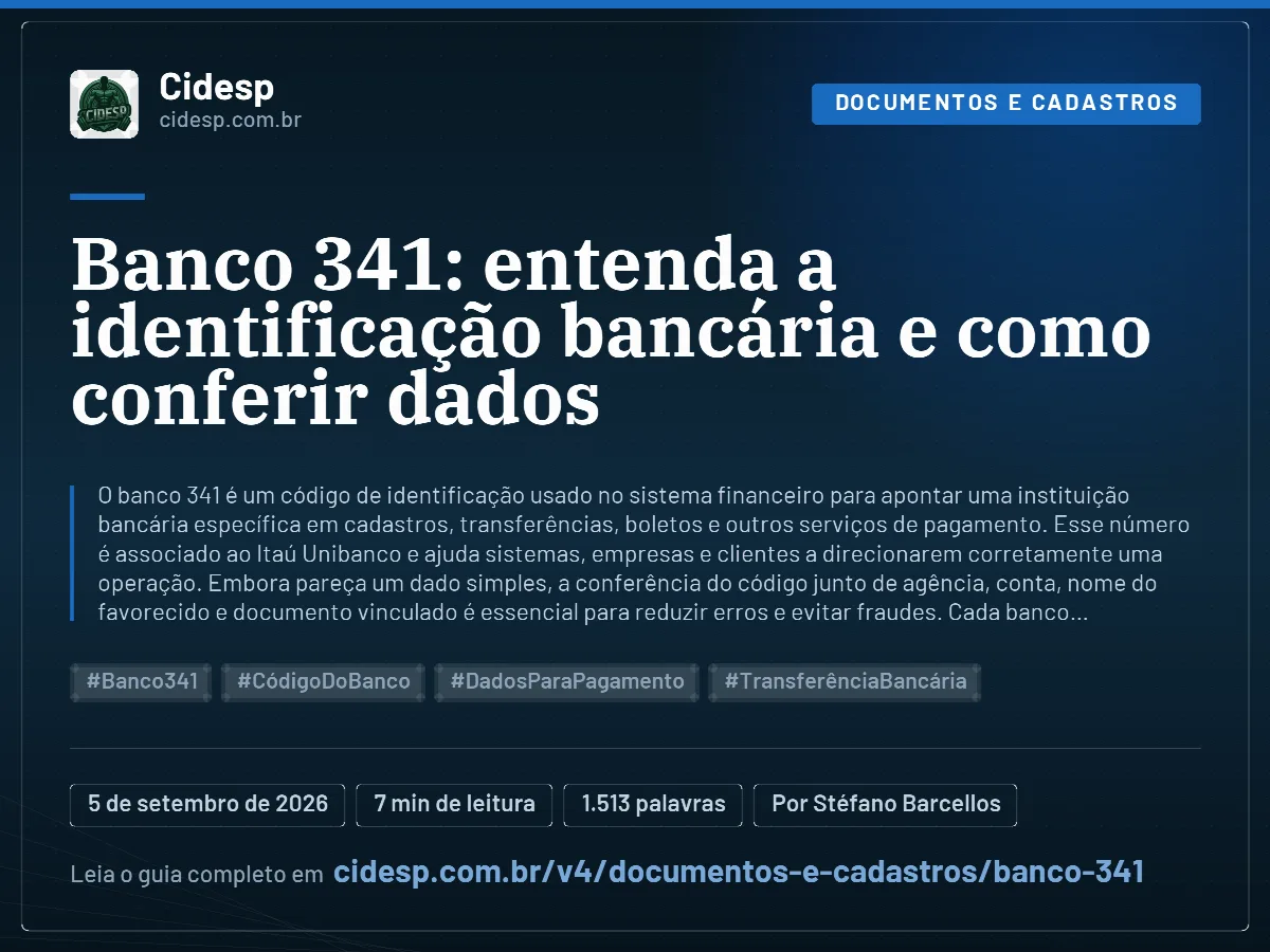 Cartão do artigo “Banco 341: entenda a identificação bancária e como conferir dados”, com resumo, data de publicação e endereço da página.