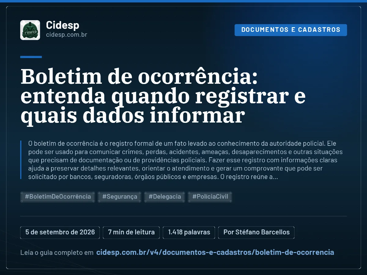 Cartão do artigo “Boletim de ocorrência: entenda quando registrar e quais dados informar”, com resumo, data de publicação e endereço da página.
