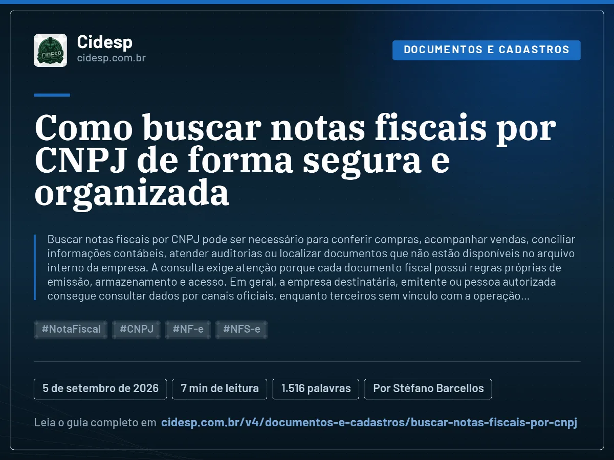 Cartão do artigo “Como buscar notas fiscais por CNPJ de forma segura e organizada”, com resumo, data de publicação e endereço da página.