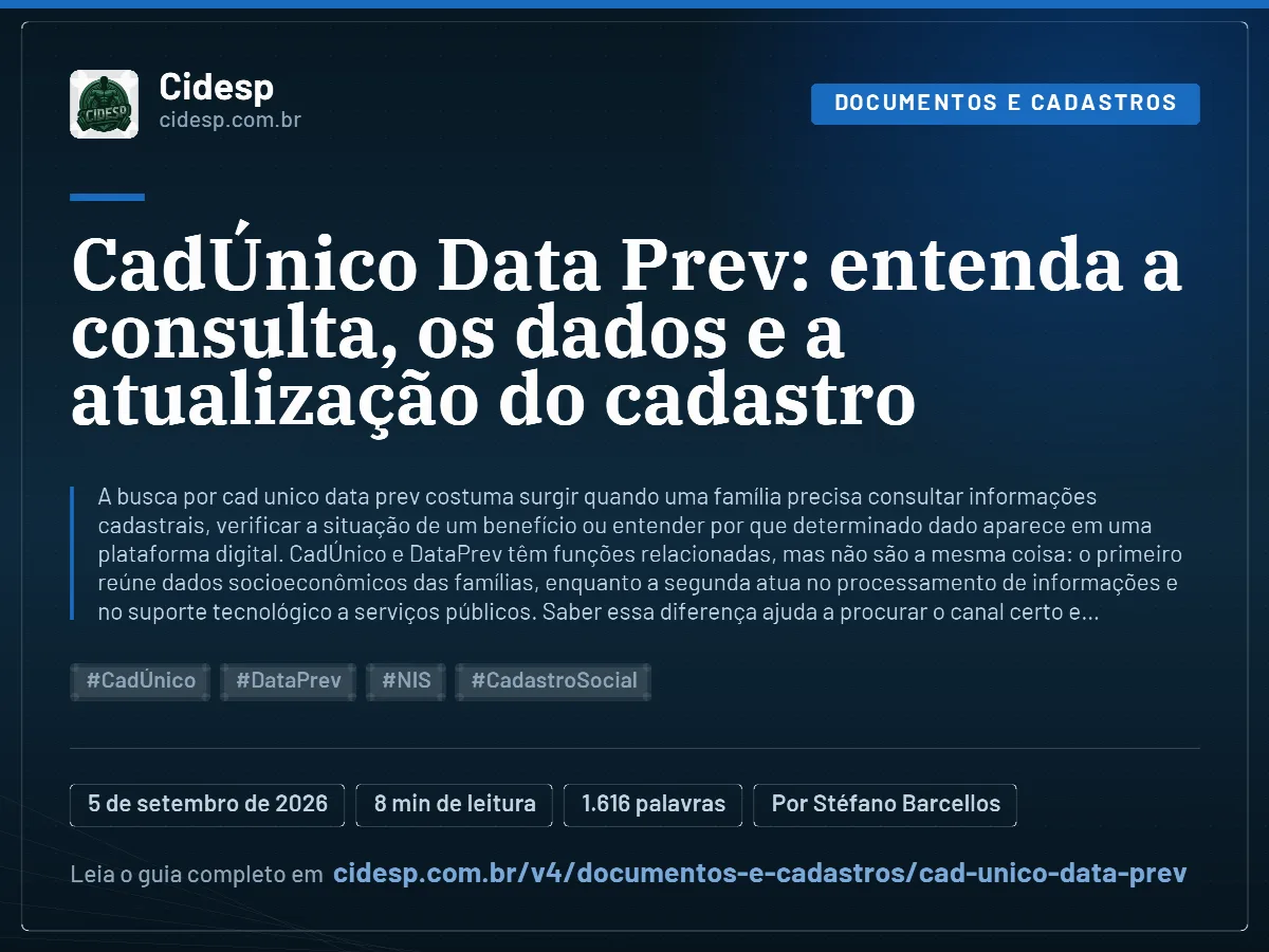 Cartão do artigo “CadÚnico Data Prev: entenda a consulta, os dados e a atualização do cadastro”, com resumo, data de publicação e endereço da página.