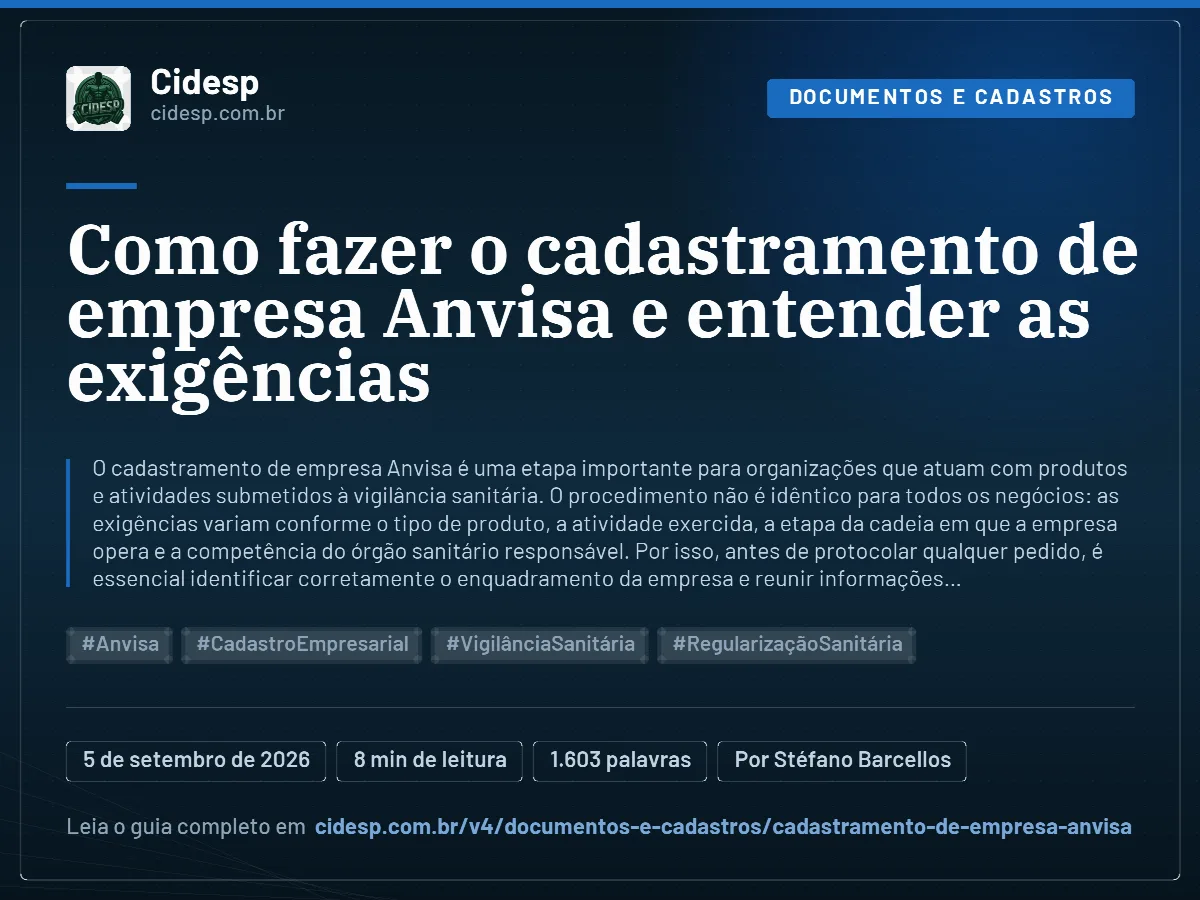 Cartão do artigo “Como fazer o cadastramento de empresa Anvisa e entender as exigências”, com resumo, data de publicação e endereço da página.