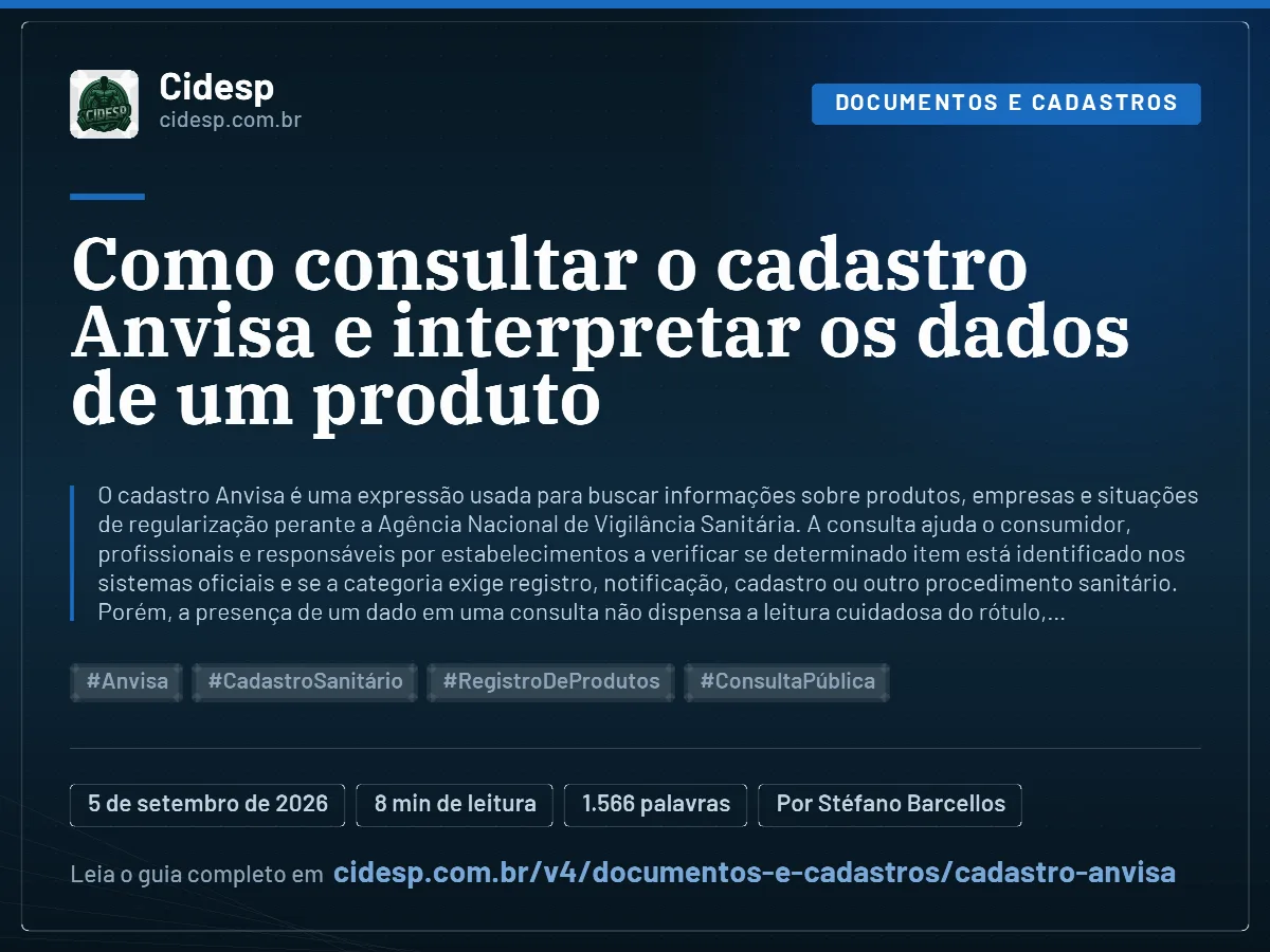 Cartão do artigo “Como consultar o cadastro Anvisa e interpretar os dados de um produto”, com resumo, data de publicação e endereço da página.