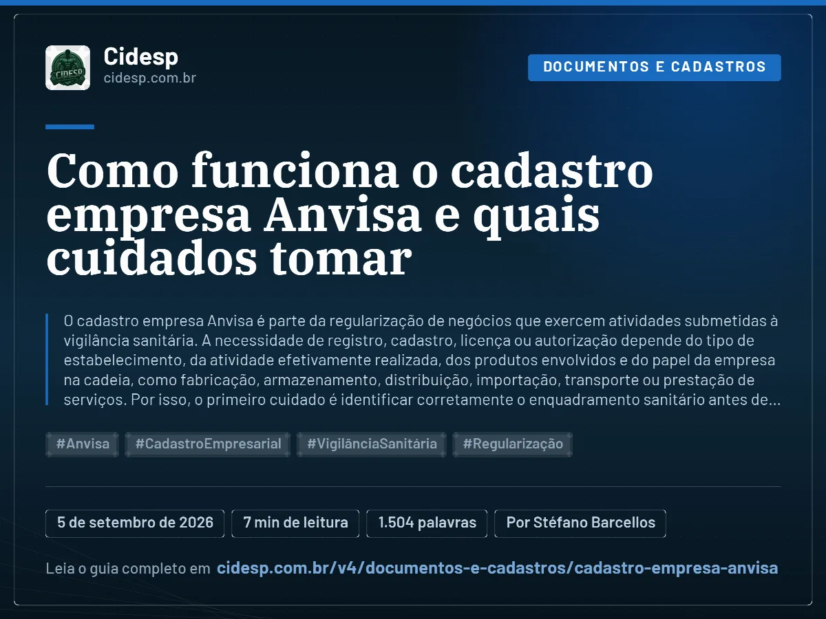 Cartão do artigo “Como funciona o cadastro empresa Anvisa e quais cuidados tomar”, com resumo, data de publicação e endereço da página.