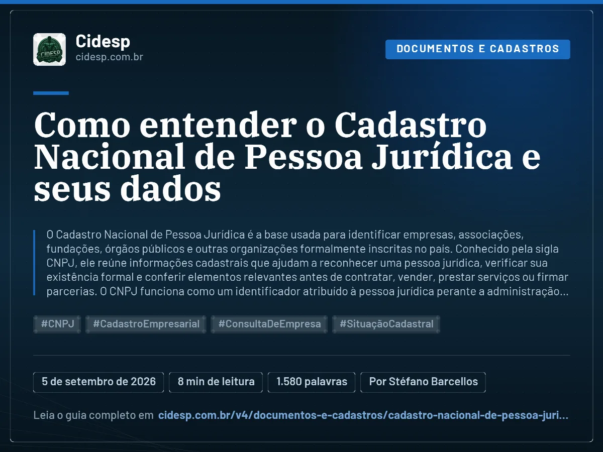 Cartão do artigo “Como entender o Cadastro Nacional de Pessoa Jurídica e seus dados”, com resumo, data de publicação e endereço da página.