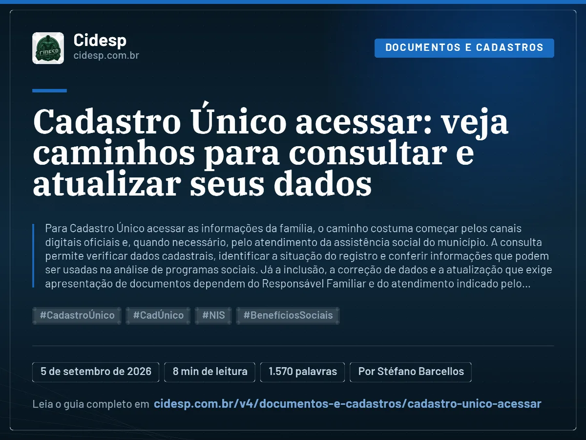 Cartão do artigo “Cadastro Único acessar: veja caminhos para consultar e atualizar seus dados”, com resumo, data de publicação e endereço da página.