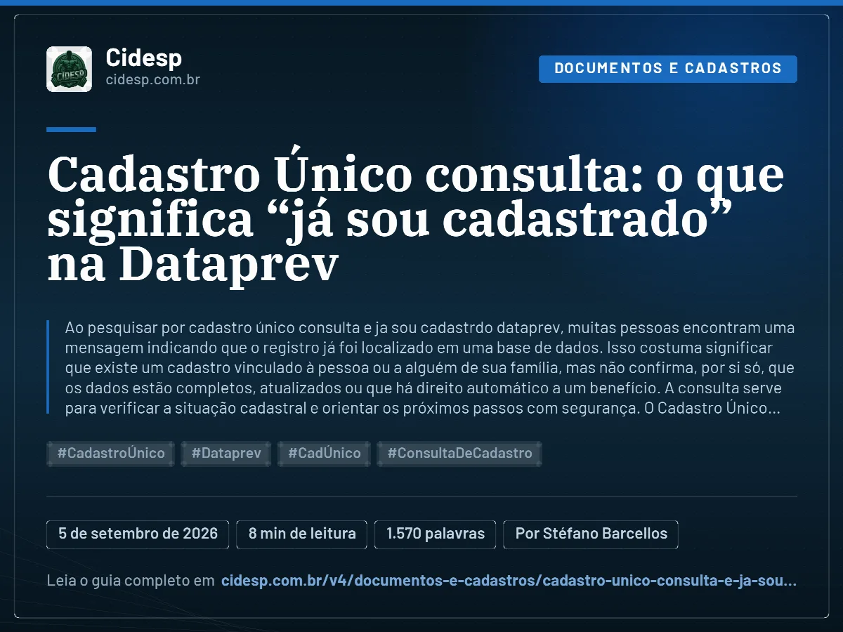 Cartão do artigo “Cadastro Único consulta: o que significa “já sou cadastrado” na Dataprev”, com resumo, data de publicação e endereço da página.