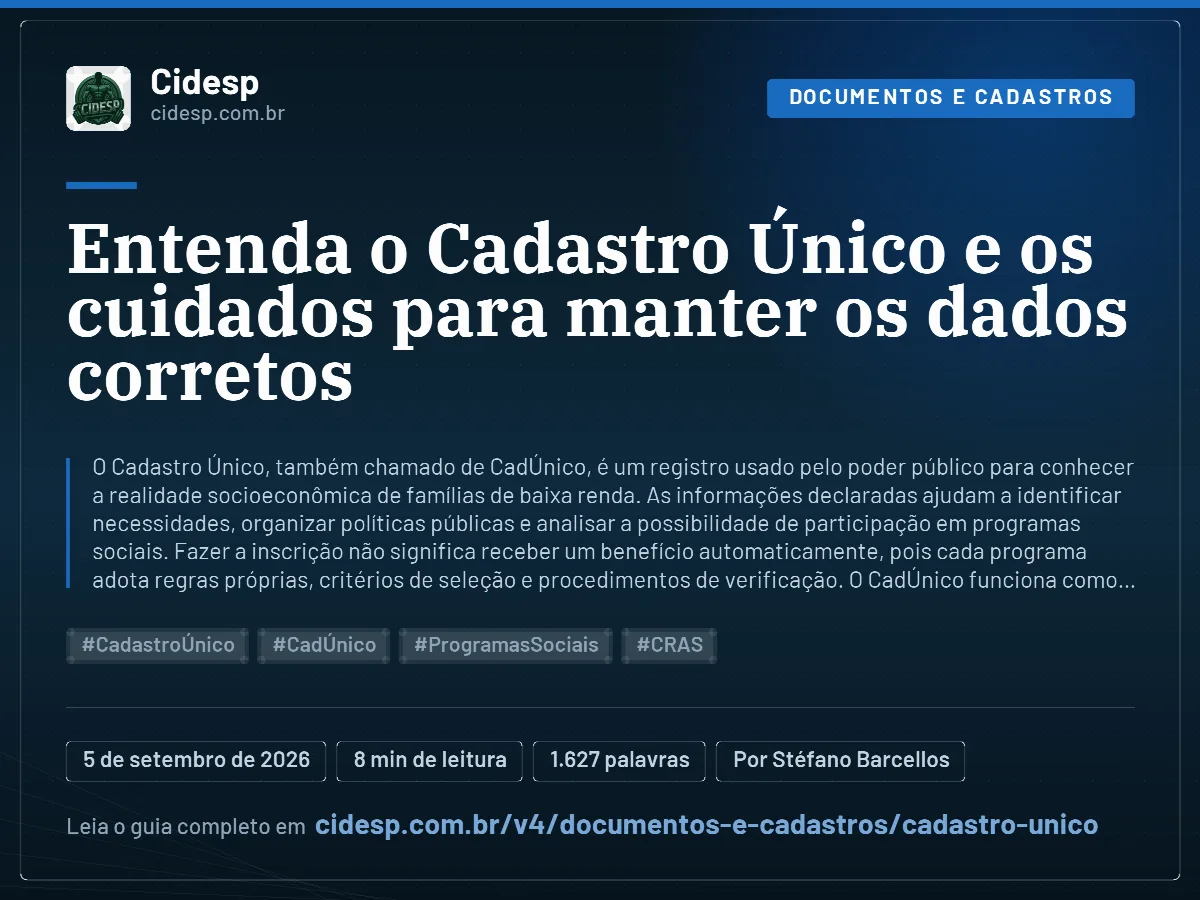 Cartão do artigo “Entenda o Cadastro Único e os cuidados para manter os dados corretos”, com resumo, data de publicação e endereço da página.