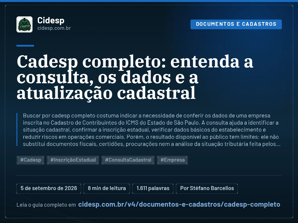 Cartão do artigo “Cadesp completo: entenda a consulta, os dados e a atualização cadastral”, com resumo, data de publicação e endereço da página.