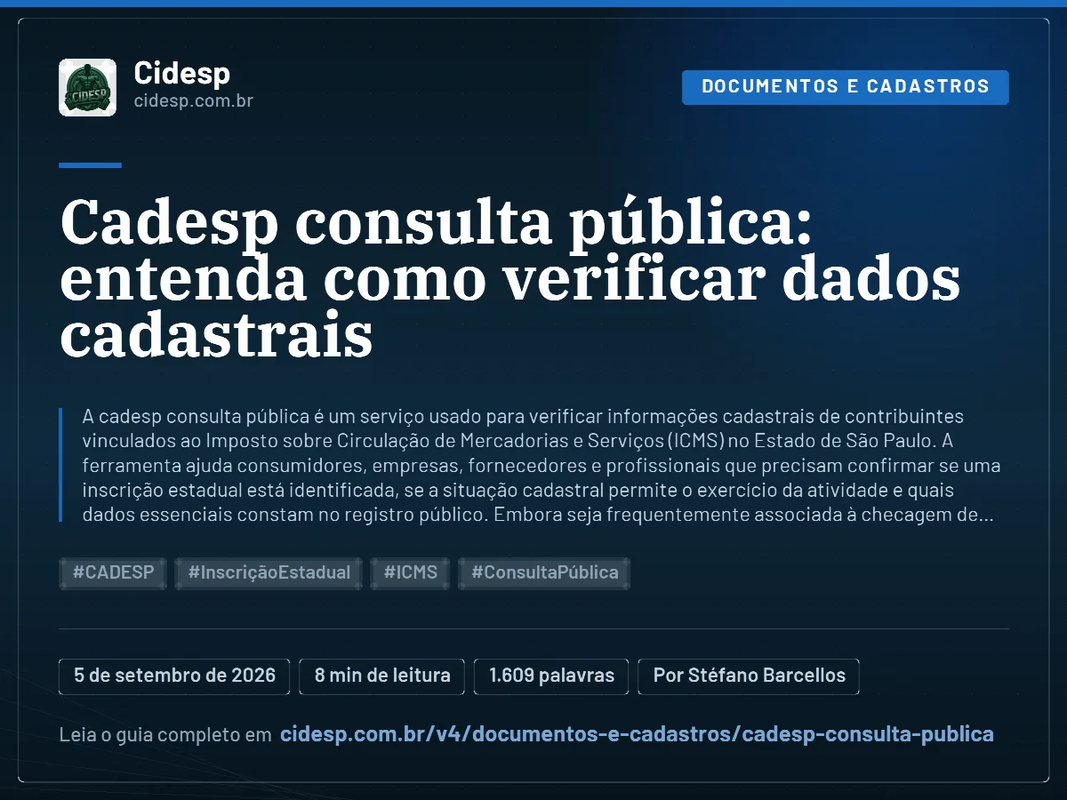 Cartão do artigo “Cadesp consulta pública: entenda como verificar dados cadastrais”, com resumo, data de publicação e endereço da página.