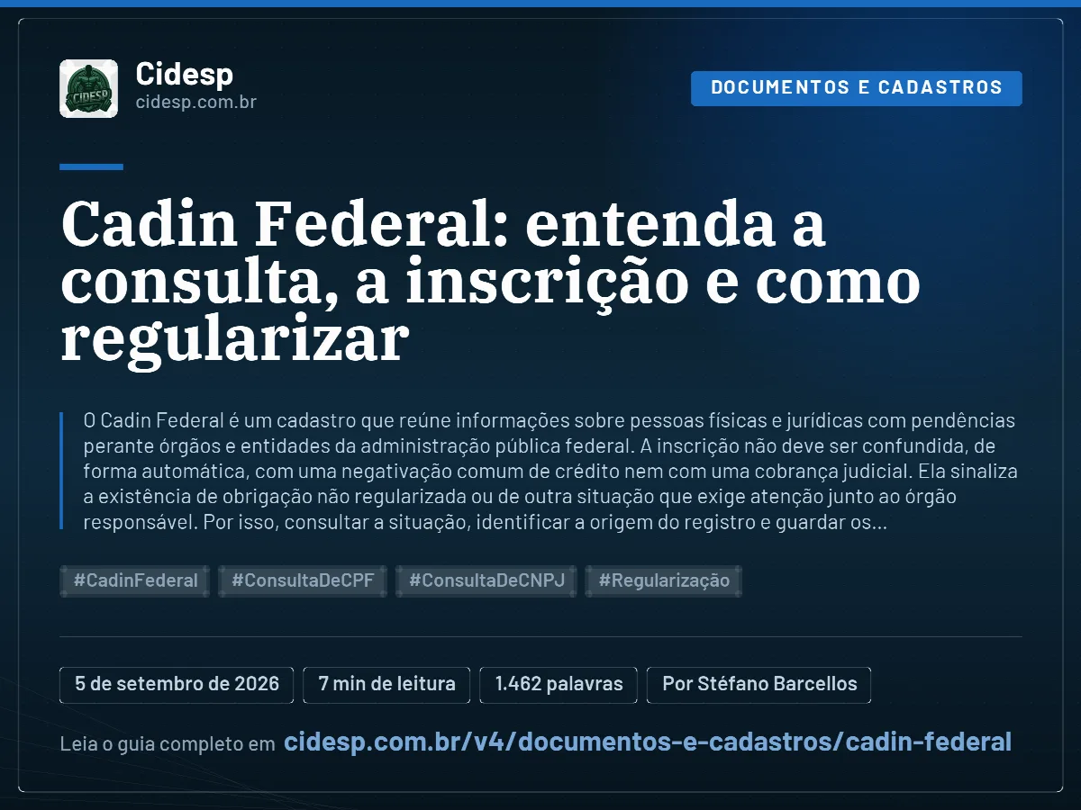 Cartão do artigo “Cadin Federal: entenda a consulta, a inscrição e como regularizar”, com resumo, data de publicação e endereço da página.