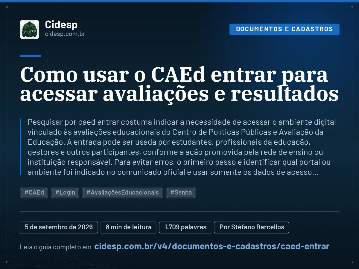 Cartão do artigo “Como usar o CAEd entrar para acessar avaliações e resultados”, com resumo, data de publicação e endereço da página.